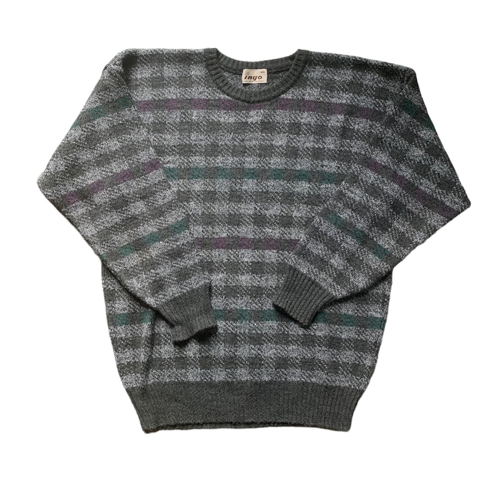 Ingo Gray Checked Crewneck Wool & Alpaca Blend Sweater M